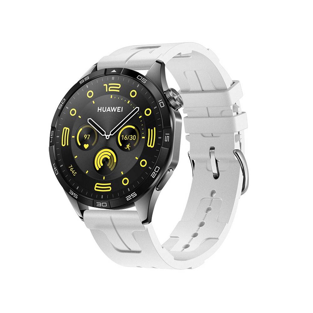 HUAWEI-Smartwatch mit schwarzem rundem Zifferblatt und weißem Armband auf weißem Hintergrund, zeigt gelbe Fitness-Symbole und analoge Zeiger.