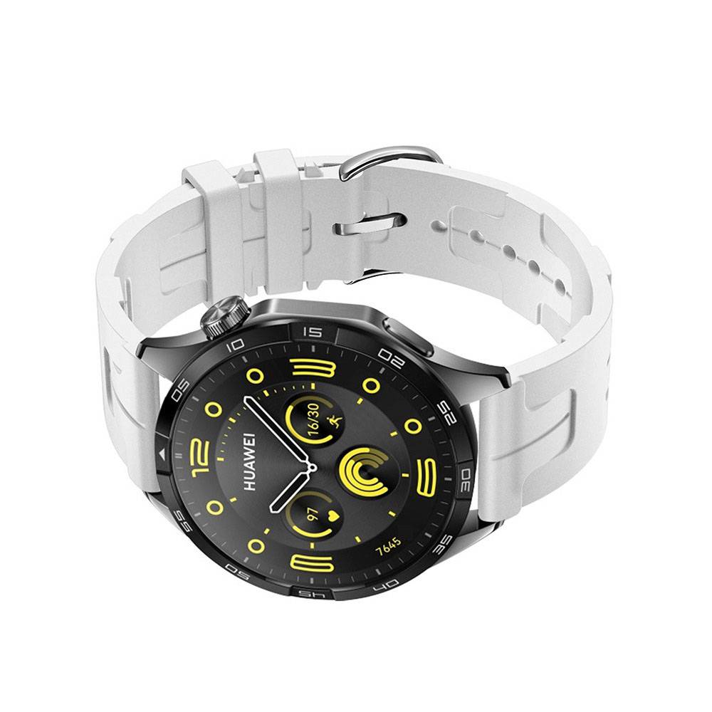 Schwarze Huawei-Smartwatch mit gelbakzentuiertem Zifferblatt und weißem Armband, schräg auf weißem Hintergrund dargestellt.