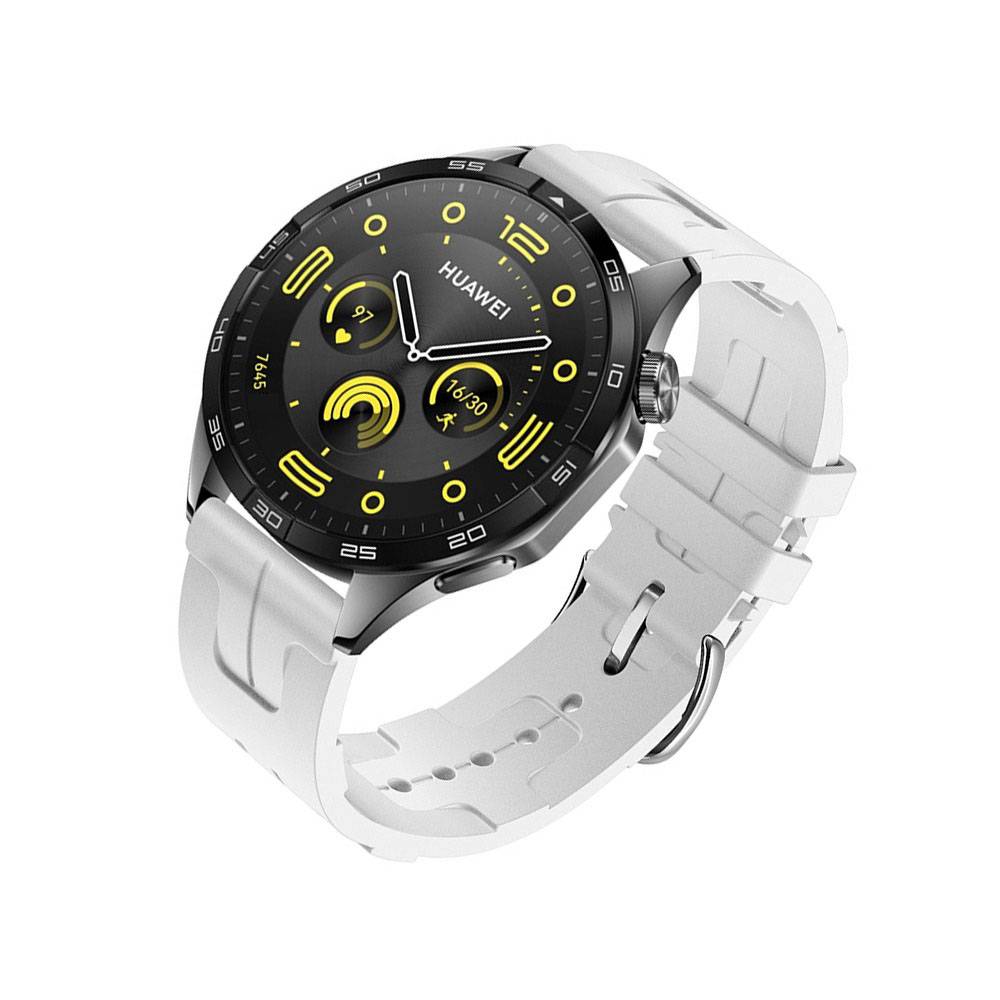 Schwarze Huawei-Smartwatch mit gelbakzentuiertem Analogzifferblatt und weißem Armband auf weißem Hintergrund.