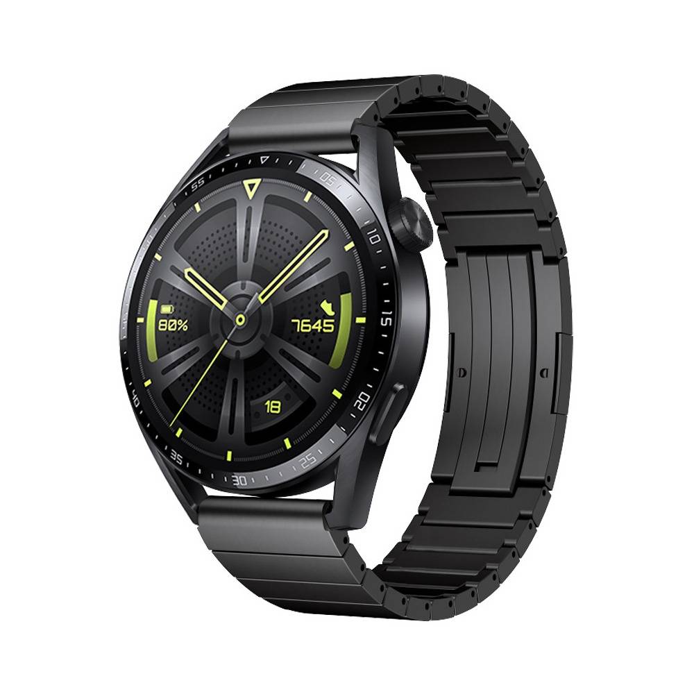 Schwarze runde Smartwatch mit schwarzem Metallarmband, zeigt neongelbe digitale Uhrzeit, Akku und Datum auf einem dunklen Display.