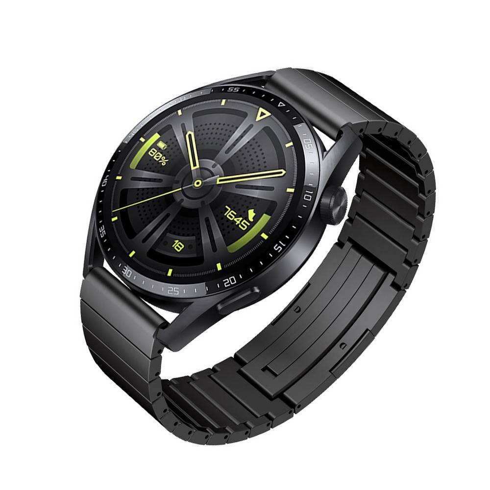 Schwarze runde Smartwatch mit schwarzem Metallgliedband und neongelben Akzenten, gezeigt auf weißem Hintergrund.