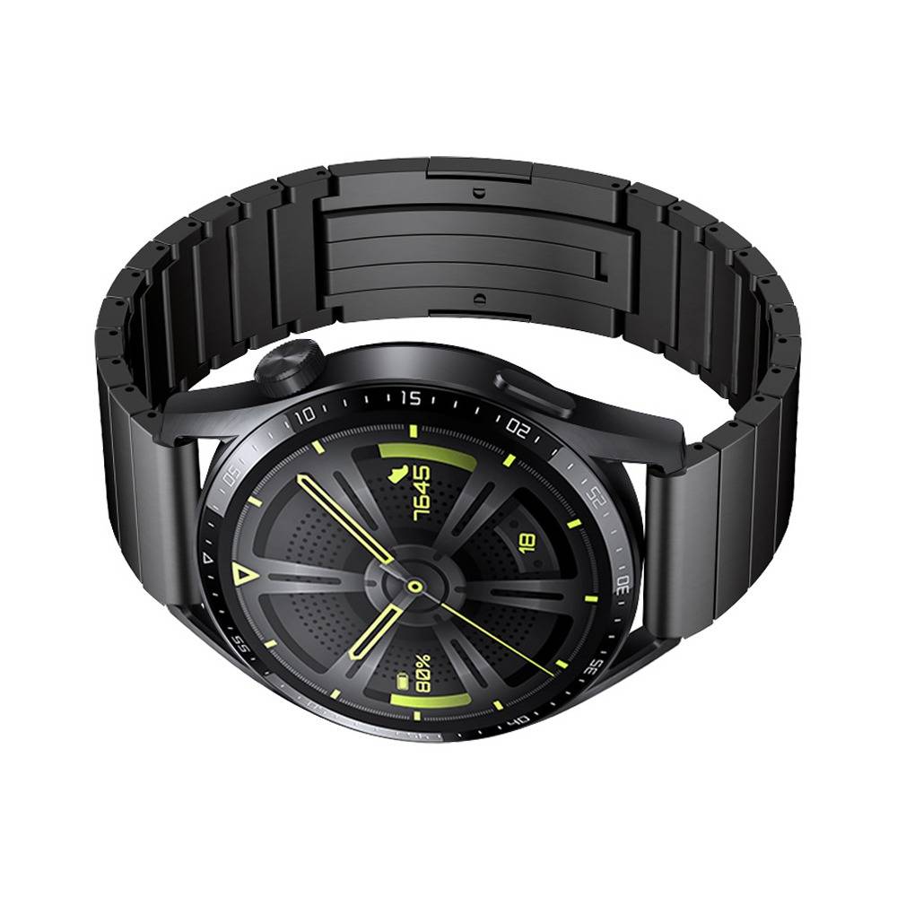 Schwarze digitale Smartwatch mit rundem Gehäuse und schwarzem Armband, auf weißem Hintergrund abgebildet, zeigt die Uhrzeit 16:45 und den Akkuladestand von 80% an.