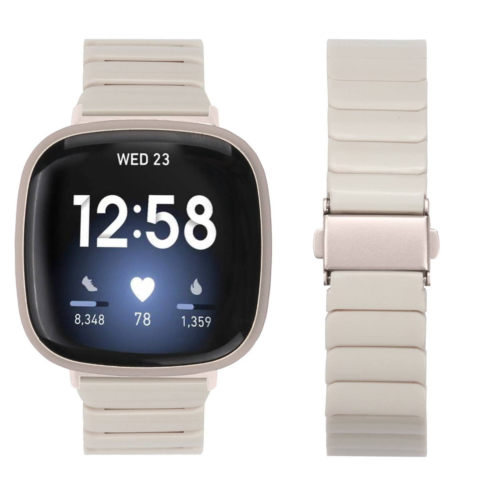 Beige quadratische Smartwatch von vorne und von der Seite gezeigt, mit Anzeige von „WED 23", 12:58 und Aktivitätsstatistiken mit Herzfrequenz 78.