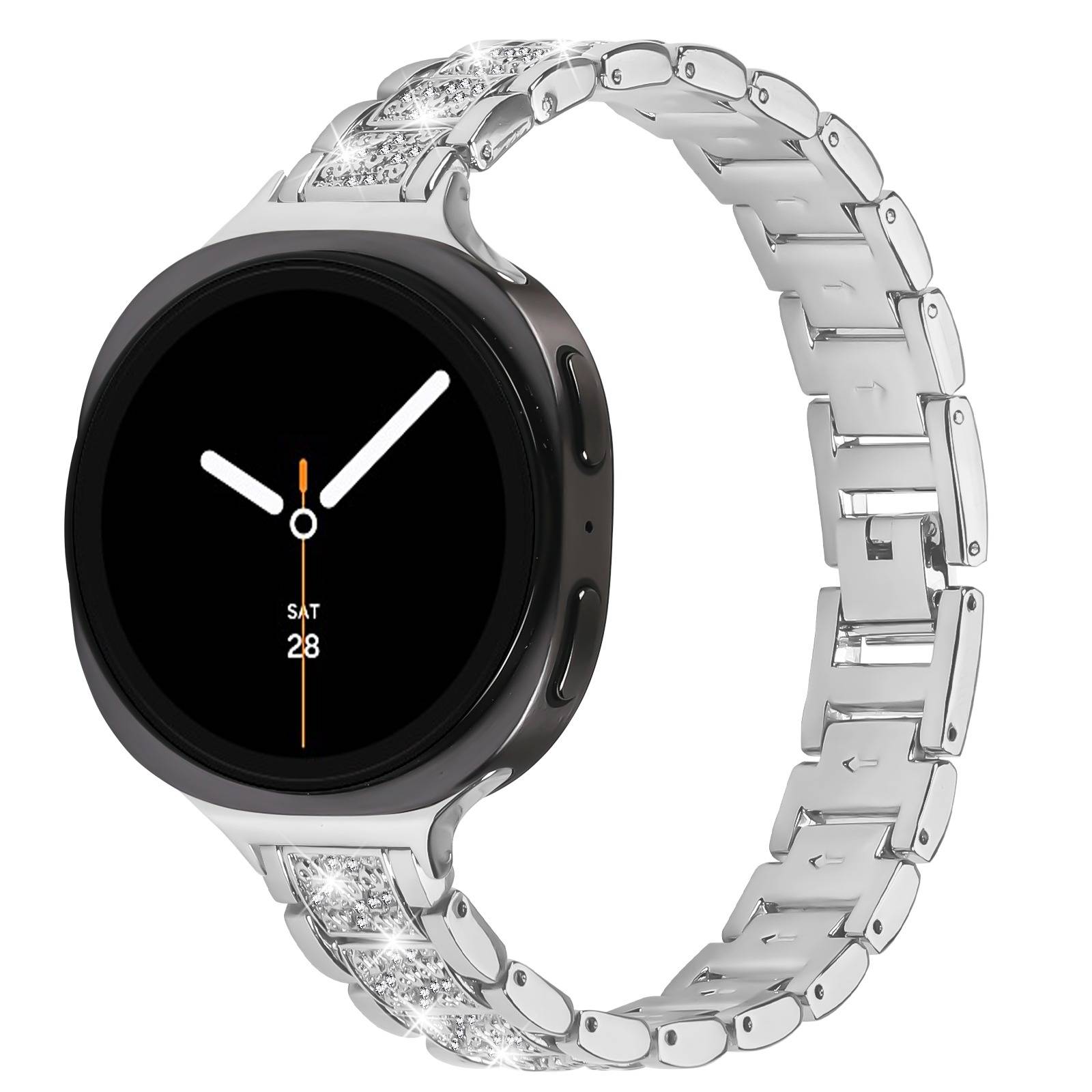 Silberne Smartwatch mit rundem schwarzem Zifferblatt, das 10:10 und „SAT 28