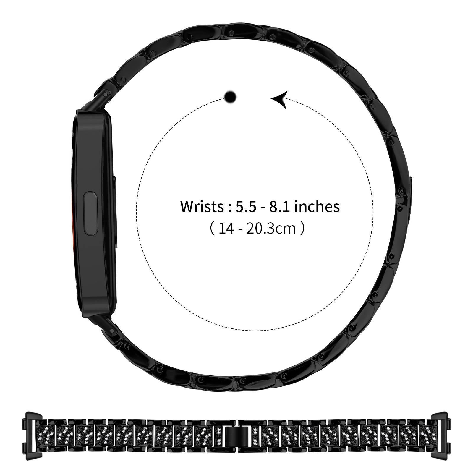 Schwarzes Smartwatch-Armband, das um eine Handgelenkgrößen-Anleitung geschlungen ist, beschriftet mit „Handgelenke: 5,5 - 8,1 Zoll (14 - 20,3 cm)", mit verstellbarem Riemen unten abgebildet.