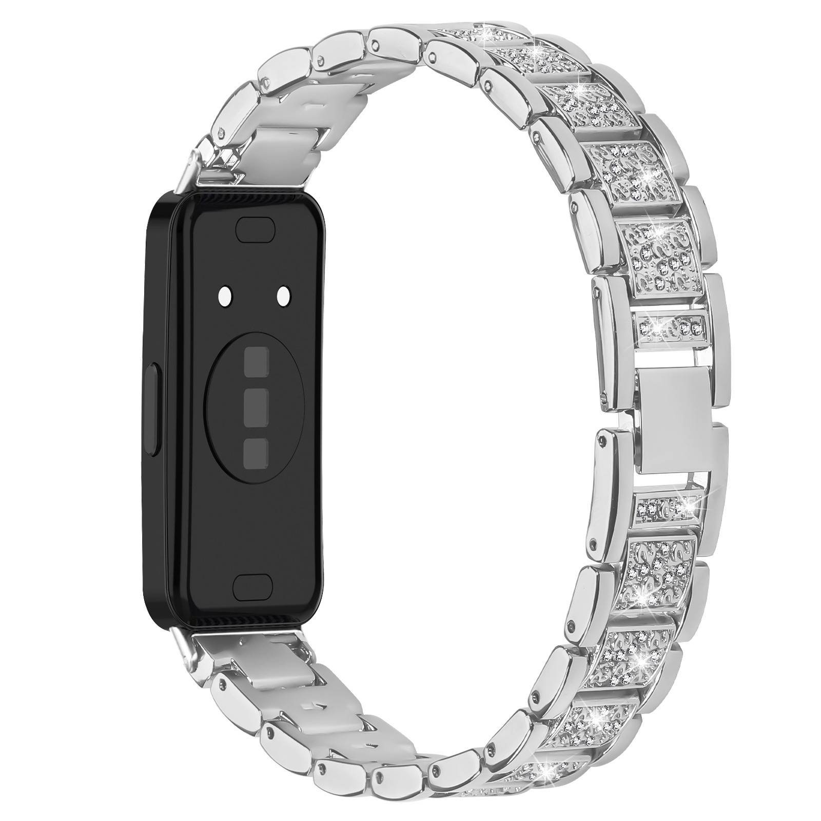 Schwarzer Fitness-Tracker mit einem silbernen, mit Rhinestones besetzten Armband auf weißem Hintergrund.