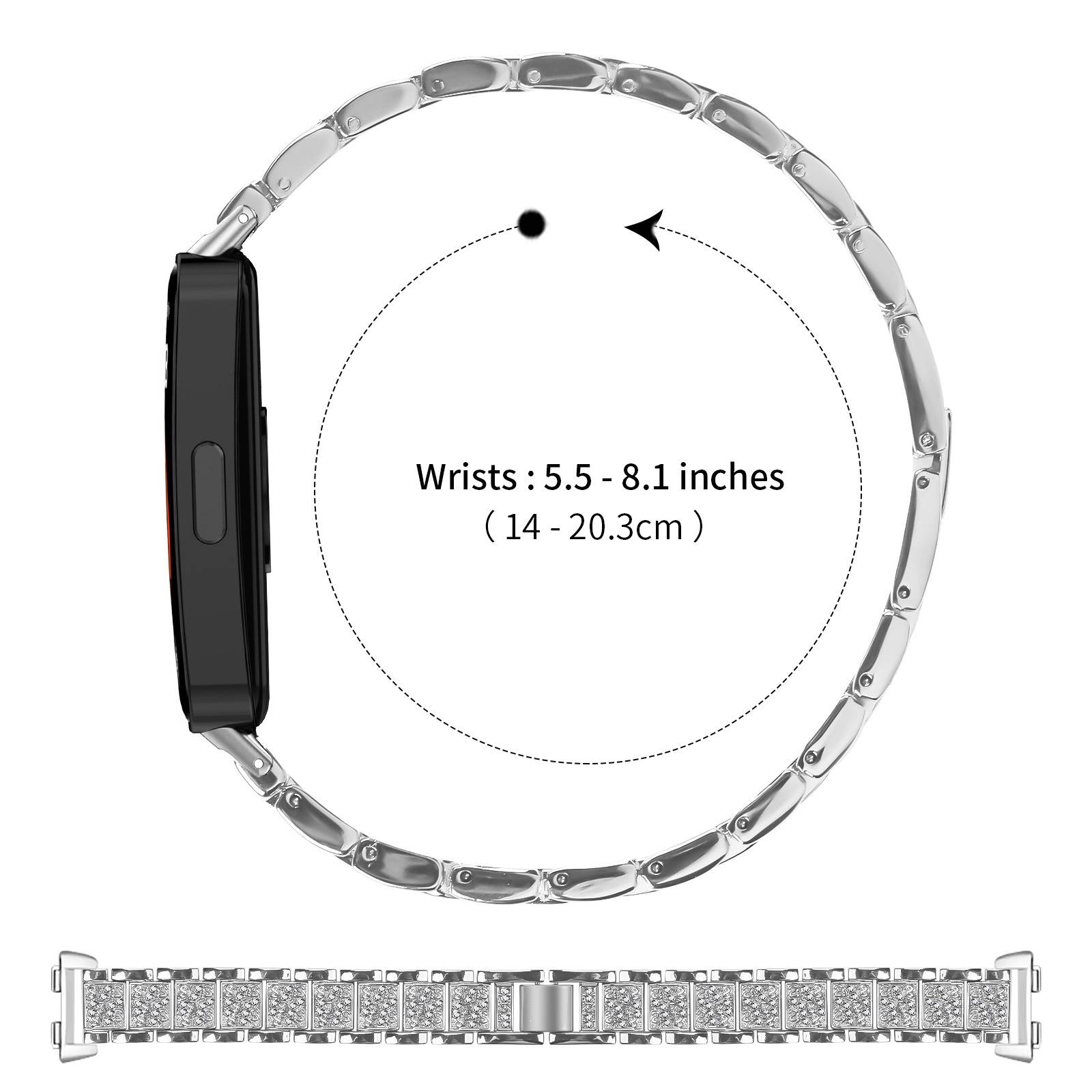 Silbernes Armband-Stil-Uhrenarmband auf einer Handgelenk-Größenleitfaden gezeigt, passend für Handgelenke von 5,5 bis 8,1 Zoll (14 bis 20,3 cm).