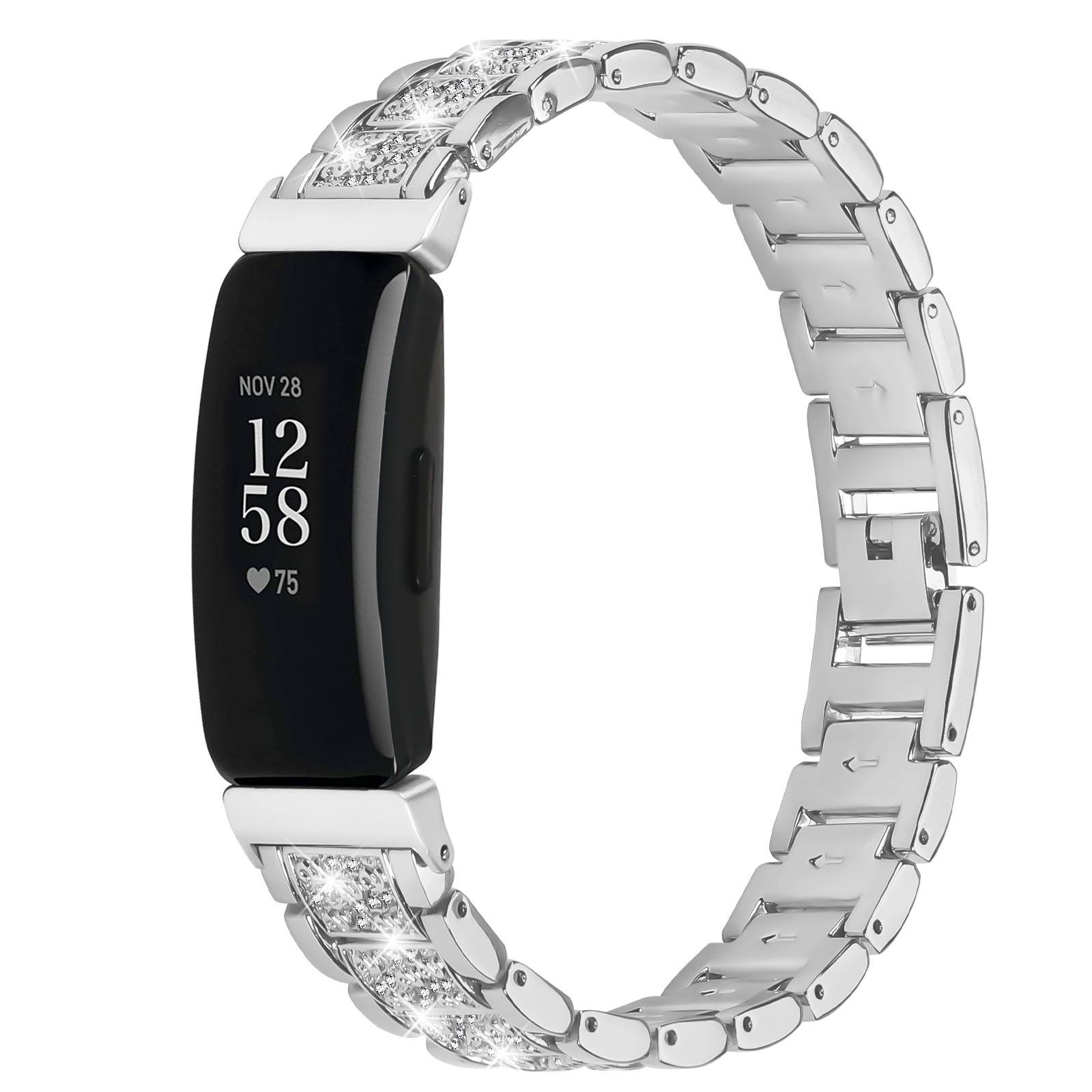 Silberne Fitness-Tracker-Uhr mit Schmucksteinen und schwarzem Display, das 12:58 Uhr, das Datum 28. November und die Herzfrequenz von 75 anzeigt.