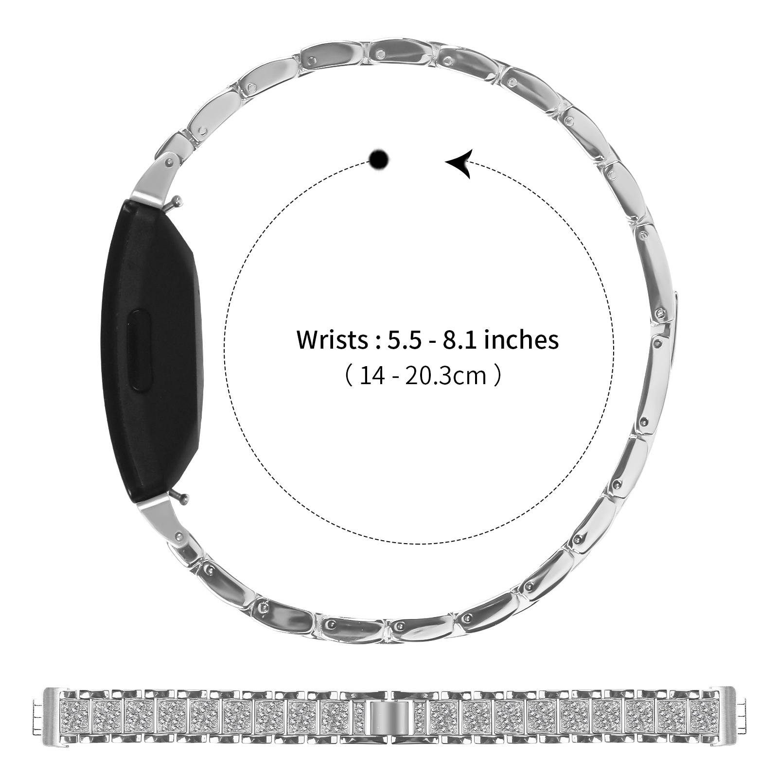 Silbernes Armbanduhr-Armband mit schwarzer Schließe, Größe für Handgelenke von 5,5-8,1 Zoll (14-20,3 cm); unten zeigt das Armband flach ausgelegt.