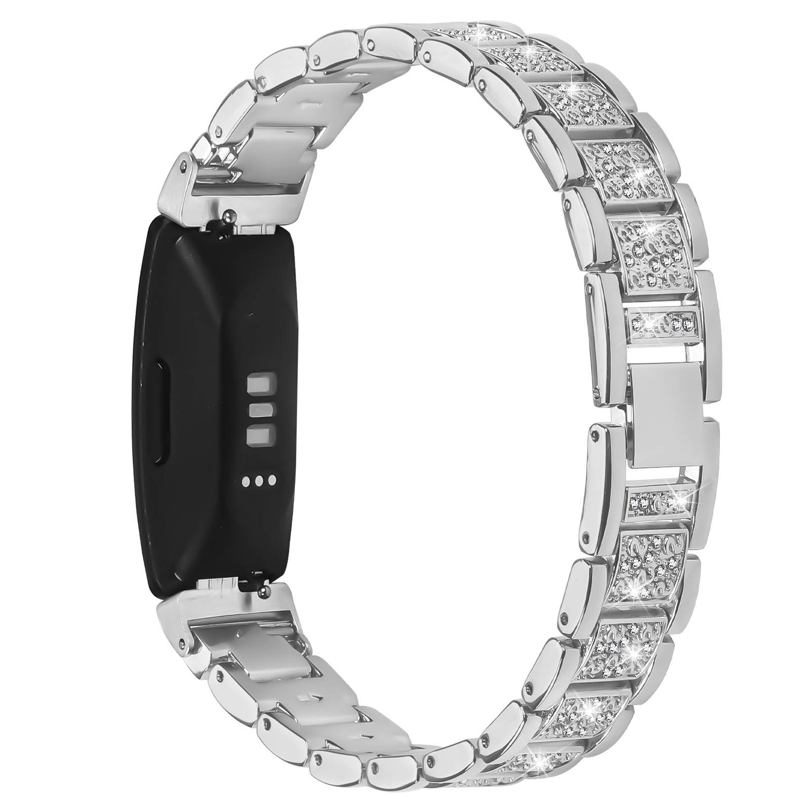 Silbernes Metall-Armband-Smartwatch mit schwarzem Fitness-Tracker-Modul und strukturierten Schmuckgliedern auf weißem Hintergrund