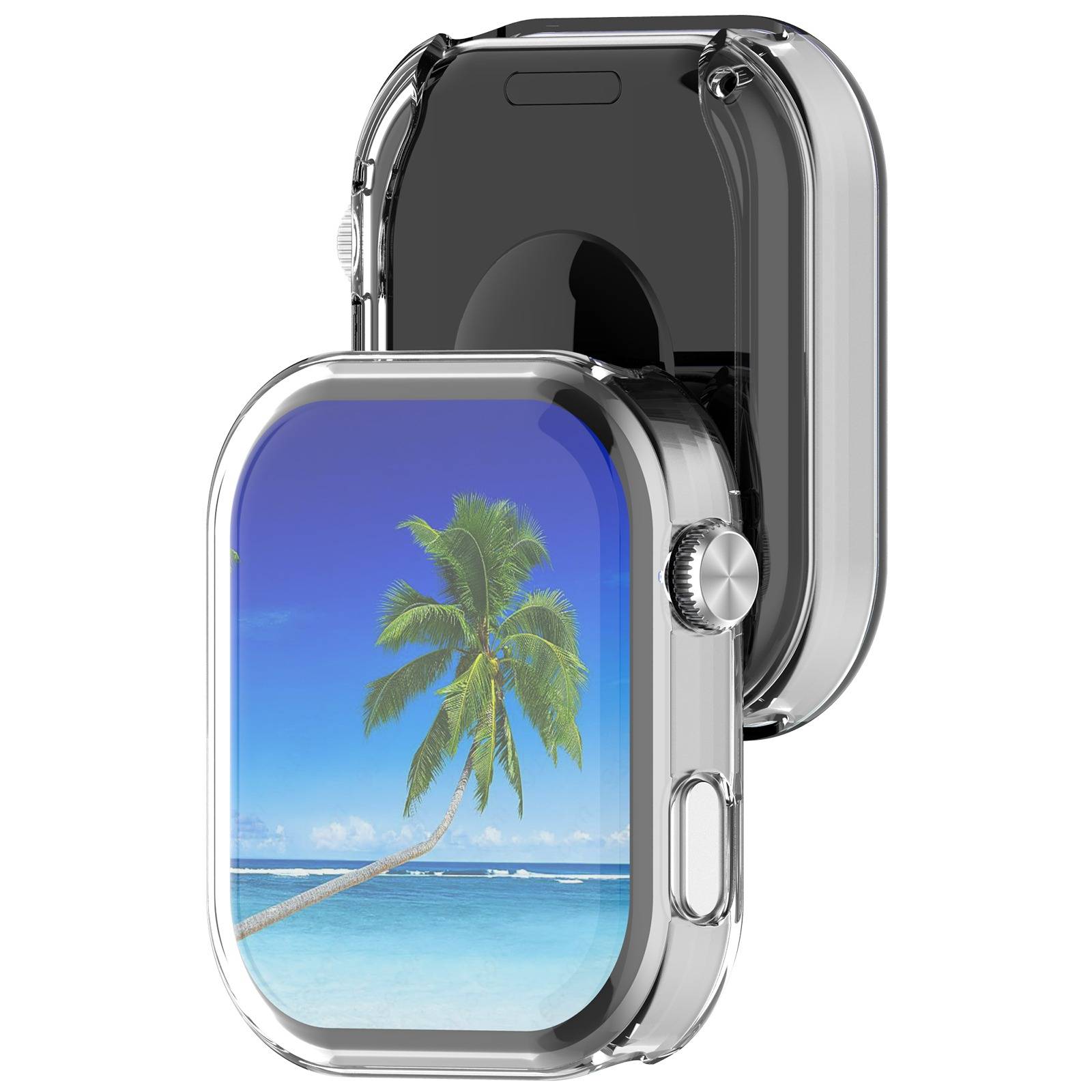 Zwei Smartwatches von vorne und hinten gezeigt, eine Anzeige zeigt einen tropischen Strand und eine Palme.