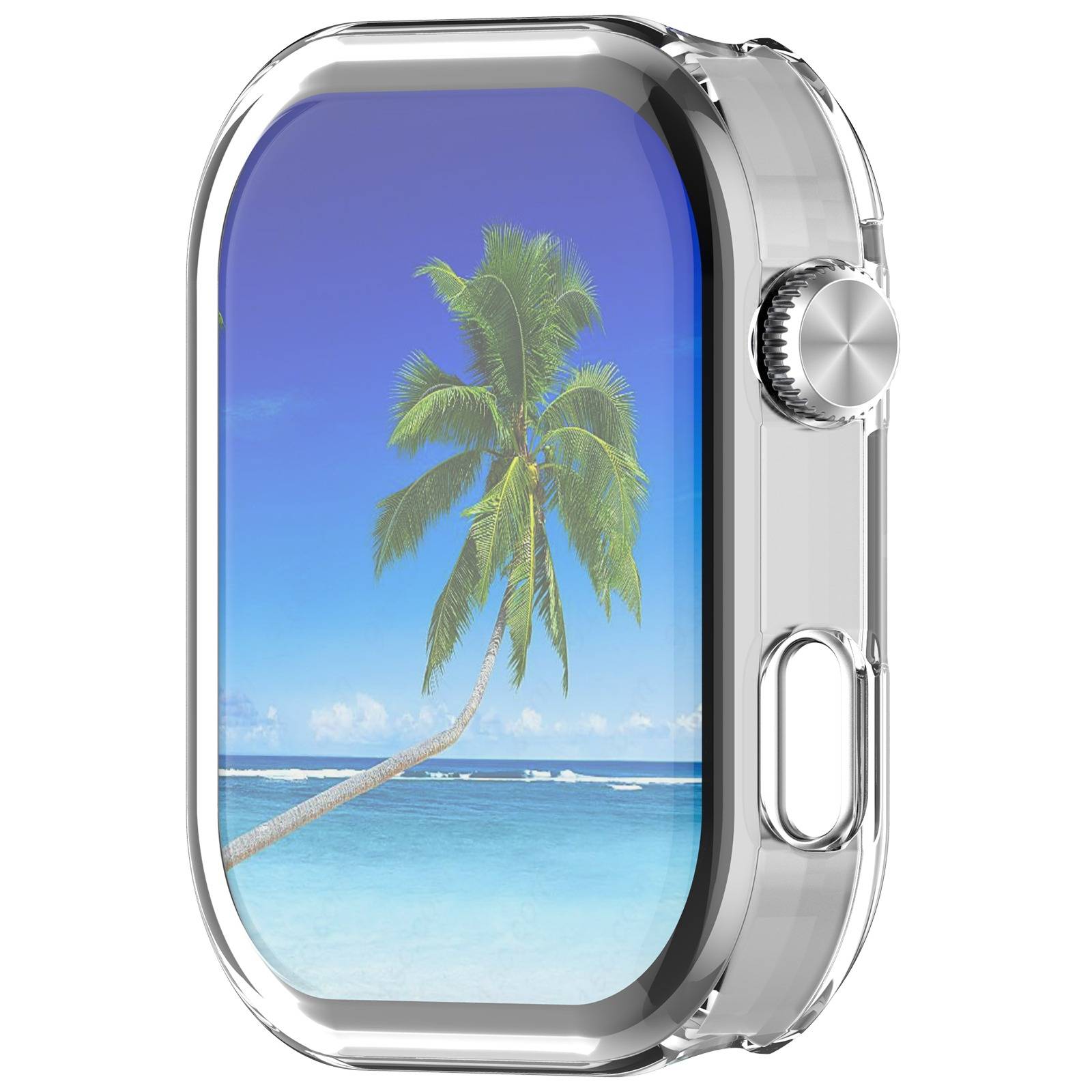 Eine silberne Smartwatch mit einem tropischen Strand-Hintergrundbild, das eine geneigte Palme, einen blauen Himmel und das Meer zeigt.