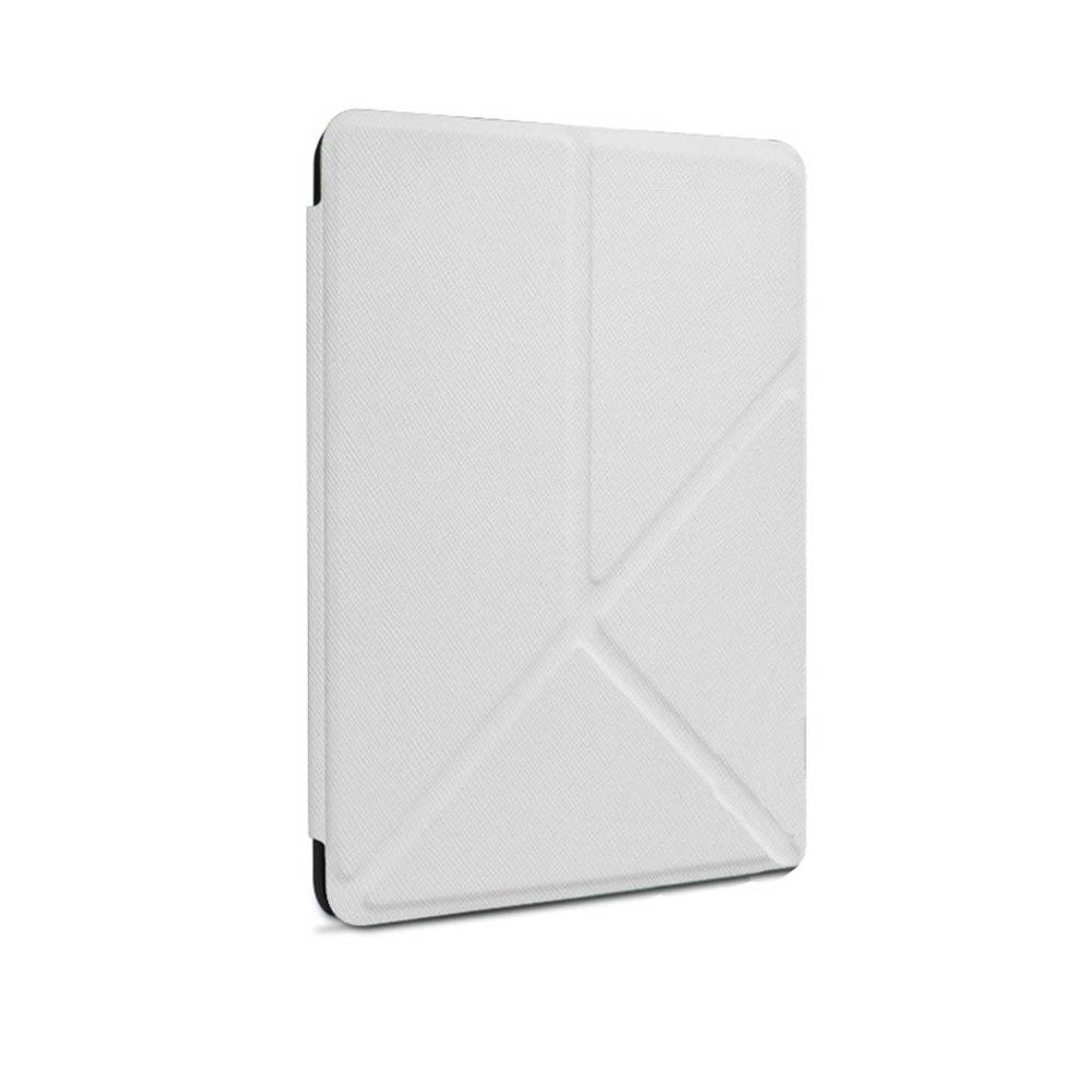 Weiße Tablet-Foliohülle geschlossen dargestellt, mit strukturiertem vorderen Umschlag und diagonalen Falzlinien auf einfachem Hintergrund.