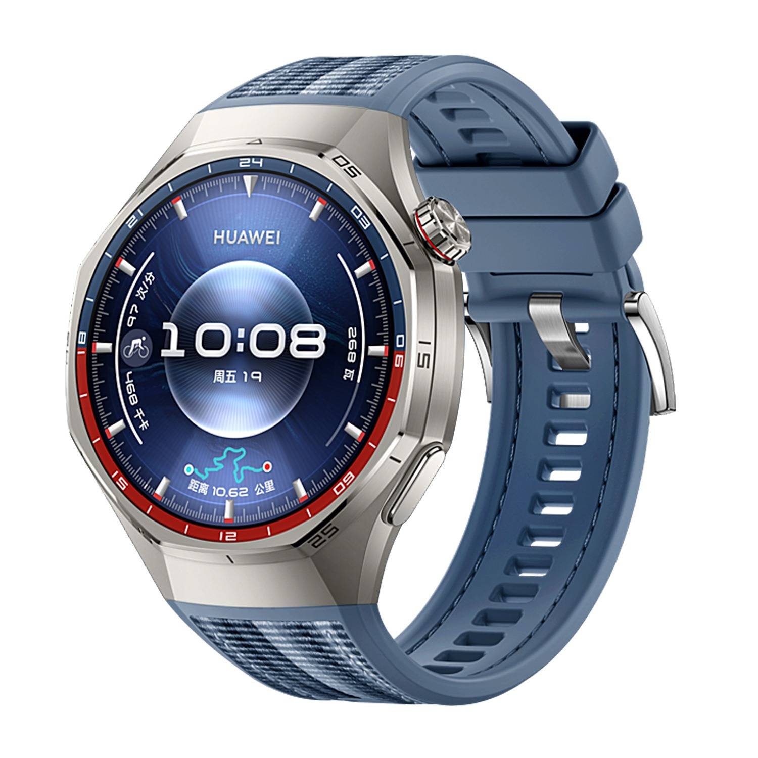 Blaue Huawei-Smartwatch mit rundem digitalem Display, das 10:08 anzeigt, und blauem Armband, in einer Produktansicht gezeigt.