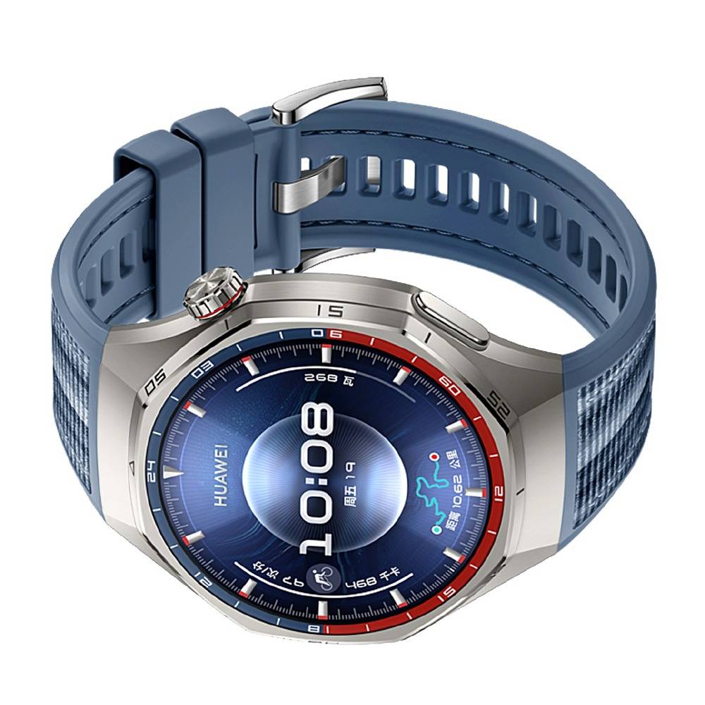 Eine blaue Huawei-Smartwatch mit rundem Silbergehäuse und Silikonarmband, von vorne vor weißem Hintergrund abgebildet.
