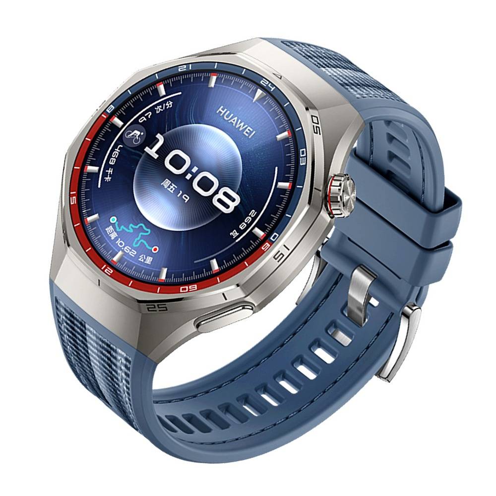 Blaue Huawei-Smartwatch mit rundem digitalem Display, das 10:08 anzeigt, silberner Lünette und blauem Silikonarmband auf weißem Hintergrund.