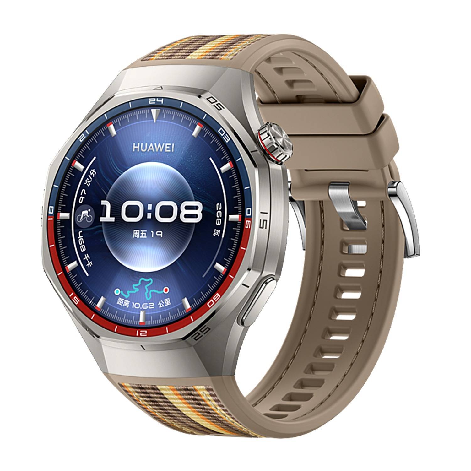 Huawei-Smartwatch mit rundem digitalem Display, das 10:08 anzeigt, beigem Armband und silbernem Gehäuse auf weißem Hintergrund.