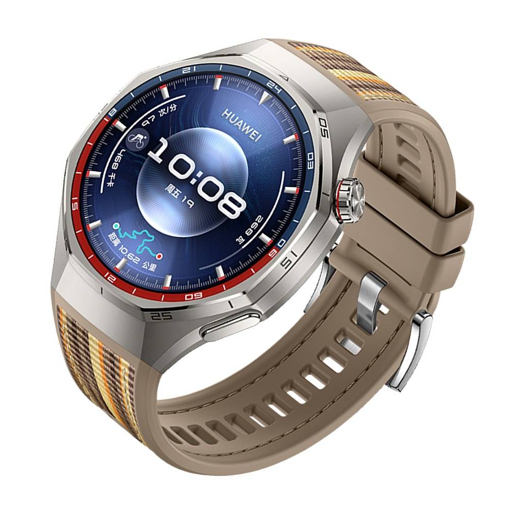 Huawei-Smartwatch mit rundem digitalem Display, das 10:08 anzeigt, silberfarbenem Gehäuse, beigem Armband und roter Akzentlünette auf weißem Hintergrund.