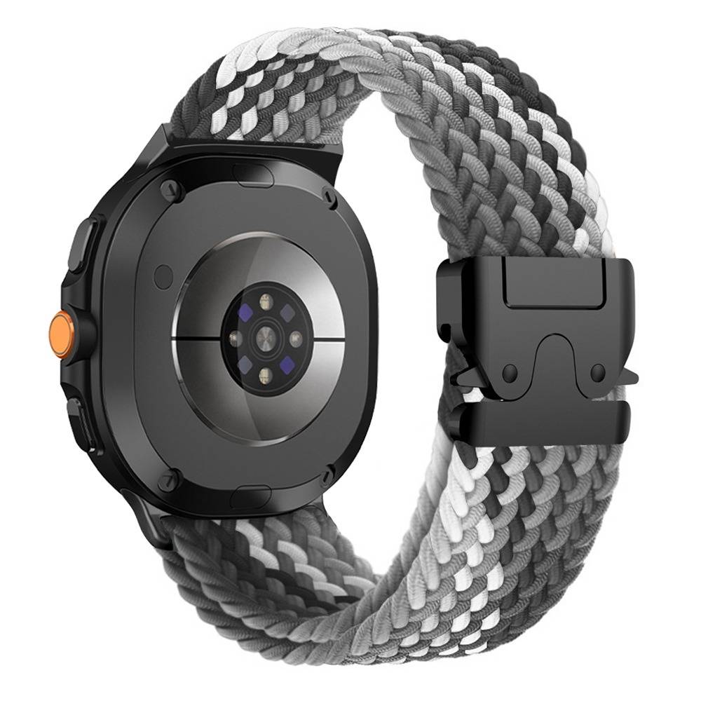 40/44mm Elastisches geflochtenes Nylon-Uhrenarmband mit Fallschirmschnalle, kompatibel mit Samsung Galaxy Watch 8 Classic Black+Grey