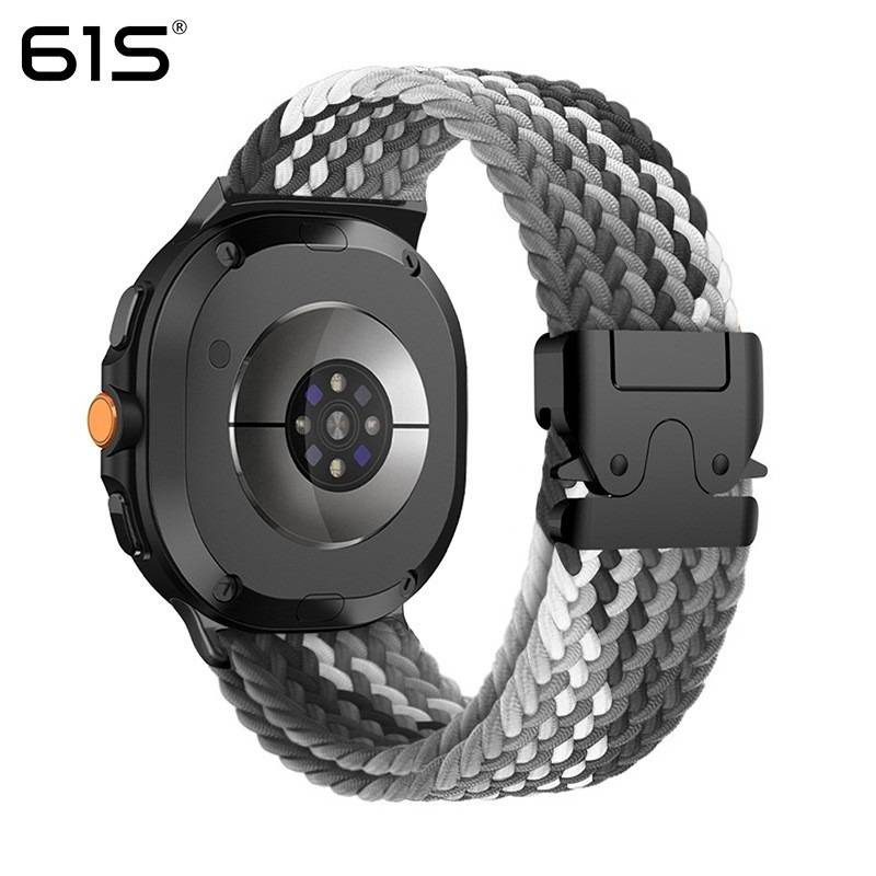 40/44mm Elastisches geflochtenes Nylon-Uhrenarmband mit Fallschirmschnalle, kompatibel mit Samsung Galaxy Watch 8 Classic Black+Grey