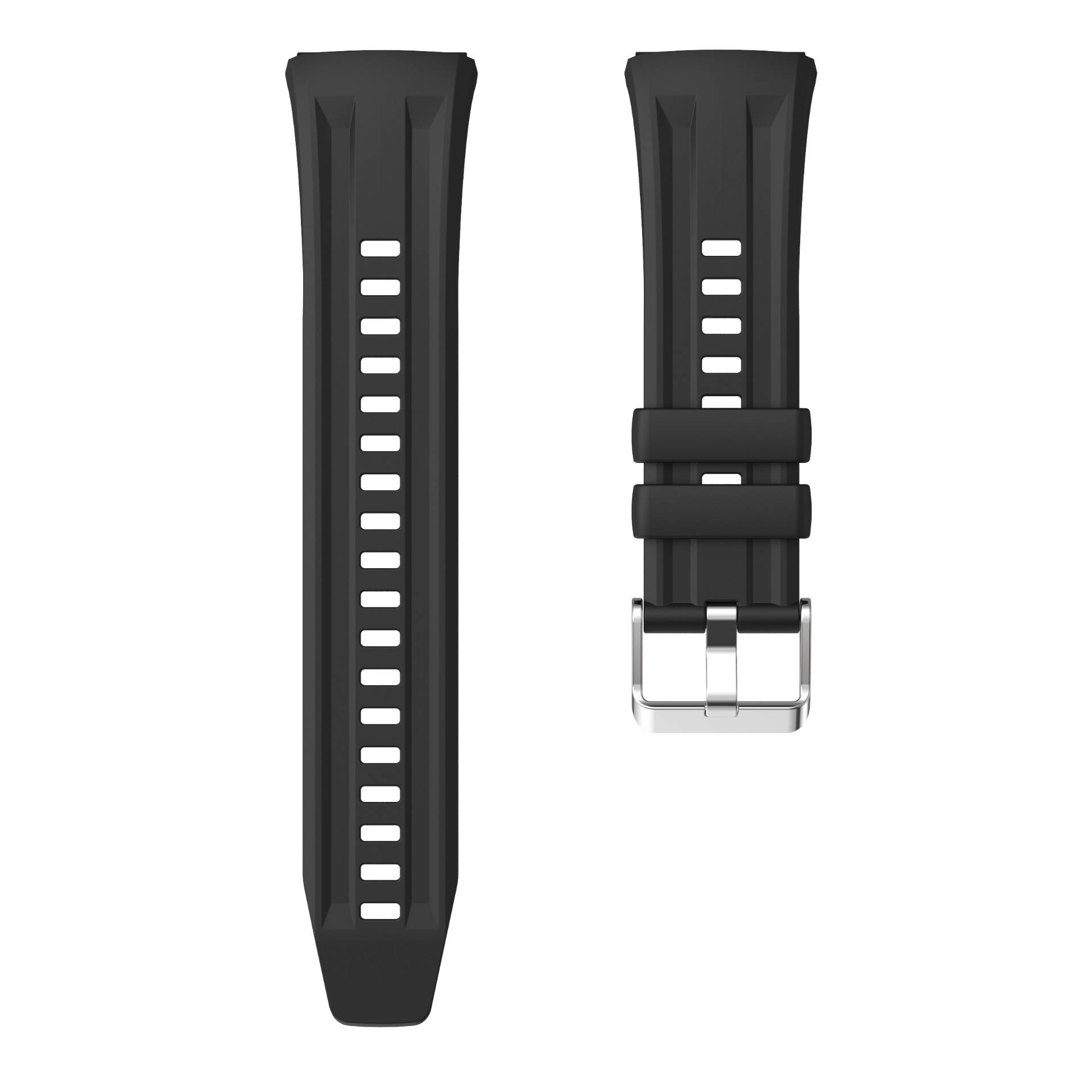 Schwarzes Gummi-Uhrenarmband von vorne und hinten gezeigt, mit rechteckigen Verstelllöchern und einer silbernen Metallschnalle.