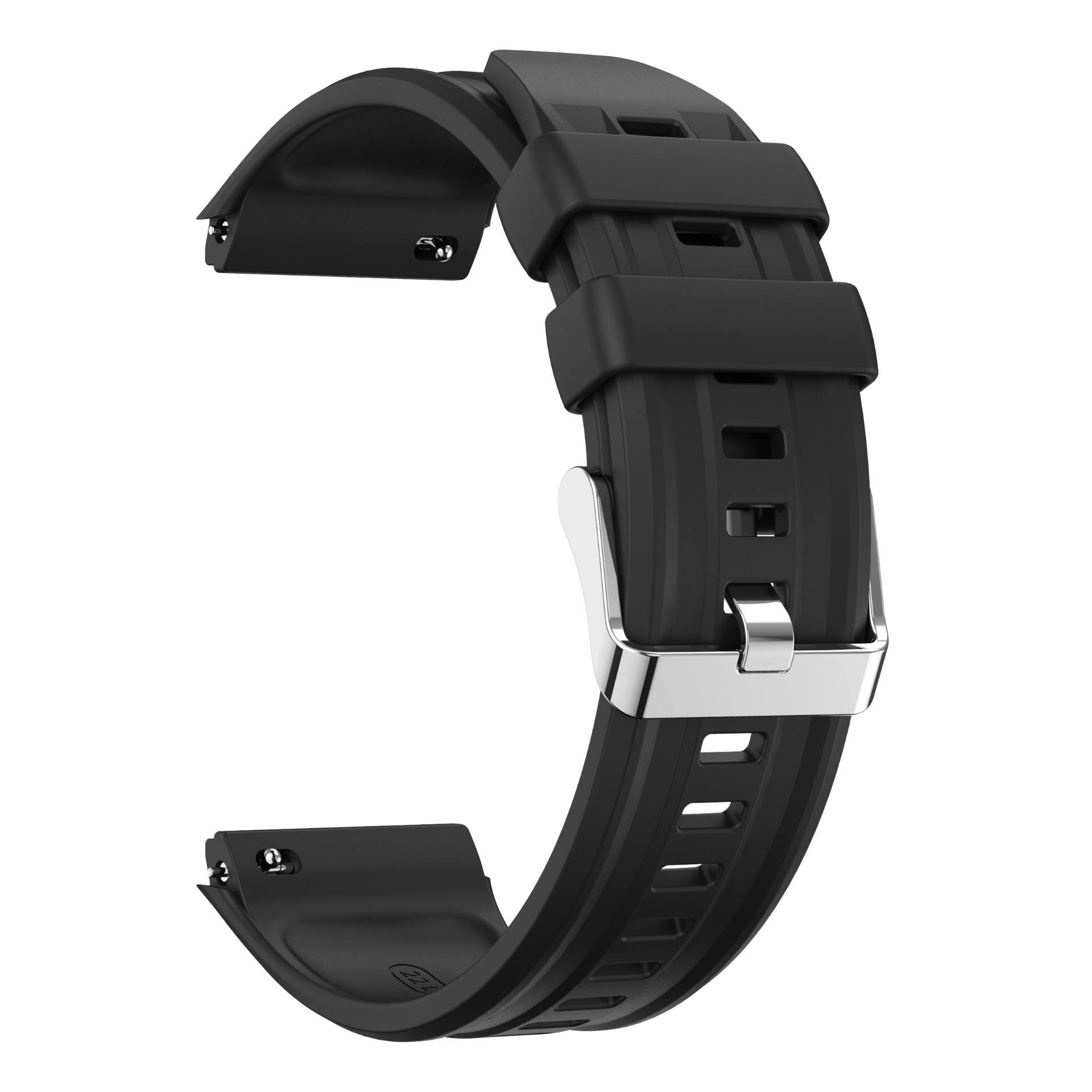 Schwarzes Smartwatch-Austauscharmband mit silberner Schnalle, offen in einer gekrümmten C-Form auf weißem Hintergrund dargestellt.