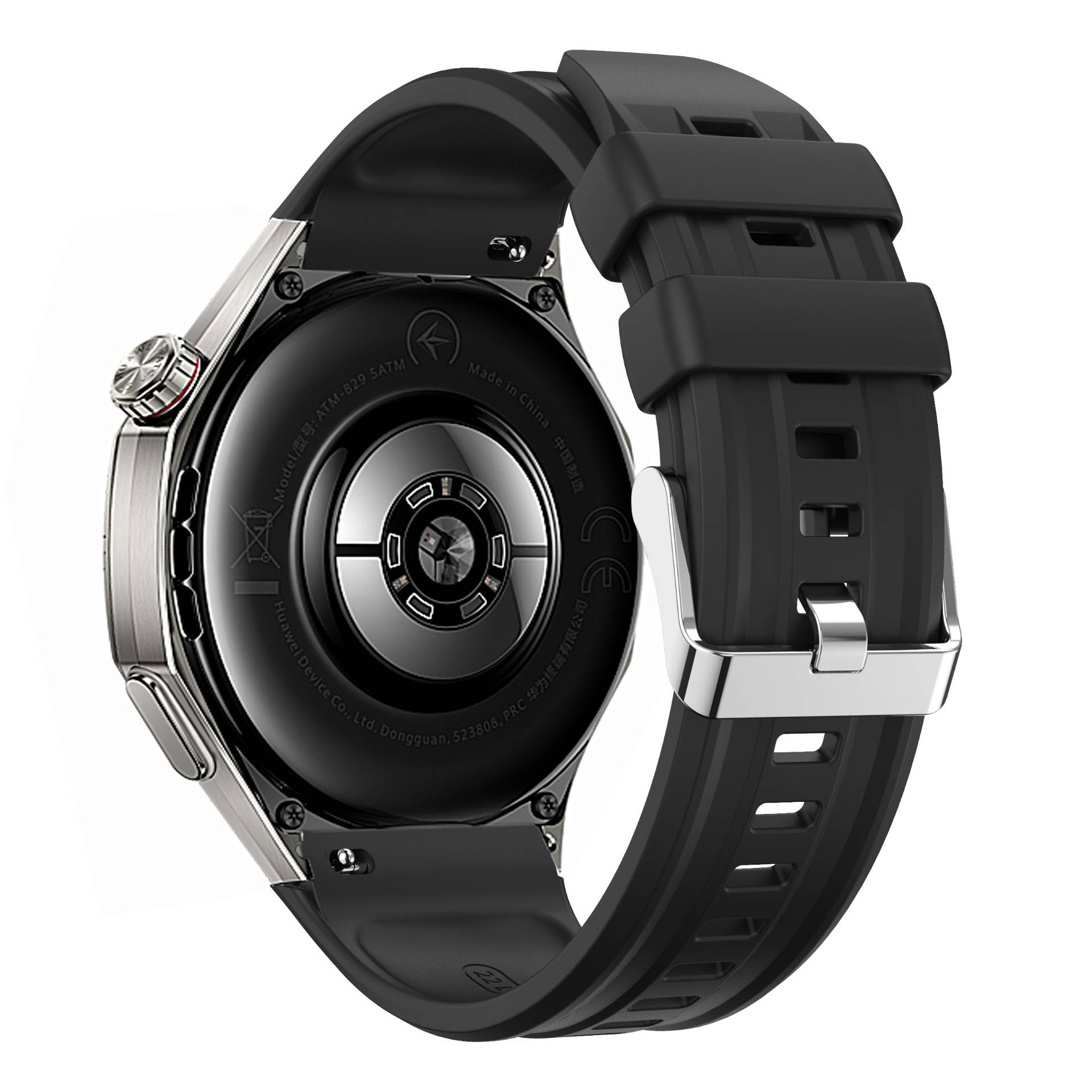 Rückansicht einer schwarzen Smartwatch mit rundem Sensorgehäuse, silbernem Gehäuse und schwarzem Silikonarmband auf weißem Hintergrund.