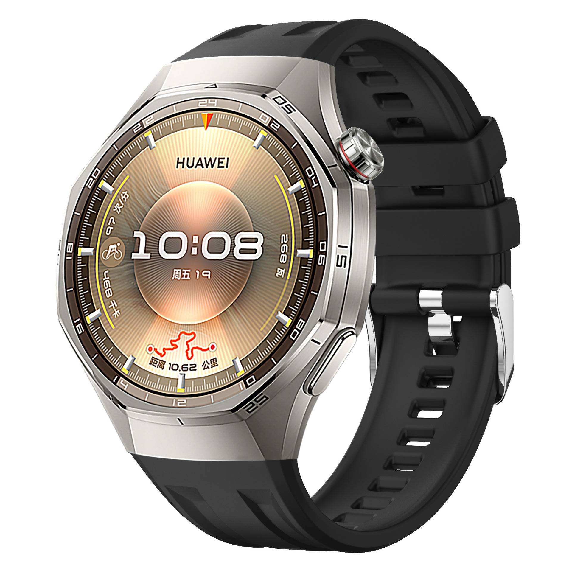 HUAWEI Smartwatch mit silbernem rundem Gehäuse, schwarzem Armband und digitalem Zifferblatt mit Anzeige von 10:08 und chinesischen Datums-/Aktivitätsdetails.