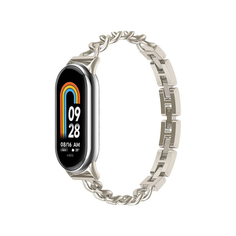 Silbernes intelligentes Fitness-Armband mit ovalem schwarzen Display, das einen Regenbogenbogen, 09:28, 08/16 AM, 25° und 85% Akkuladung anzeigt.