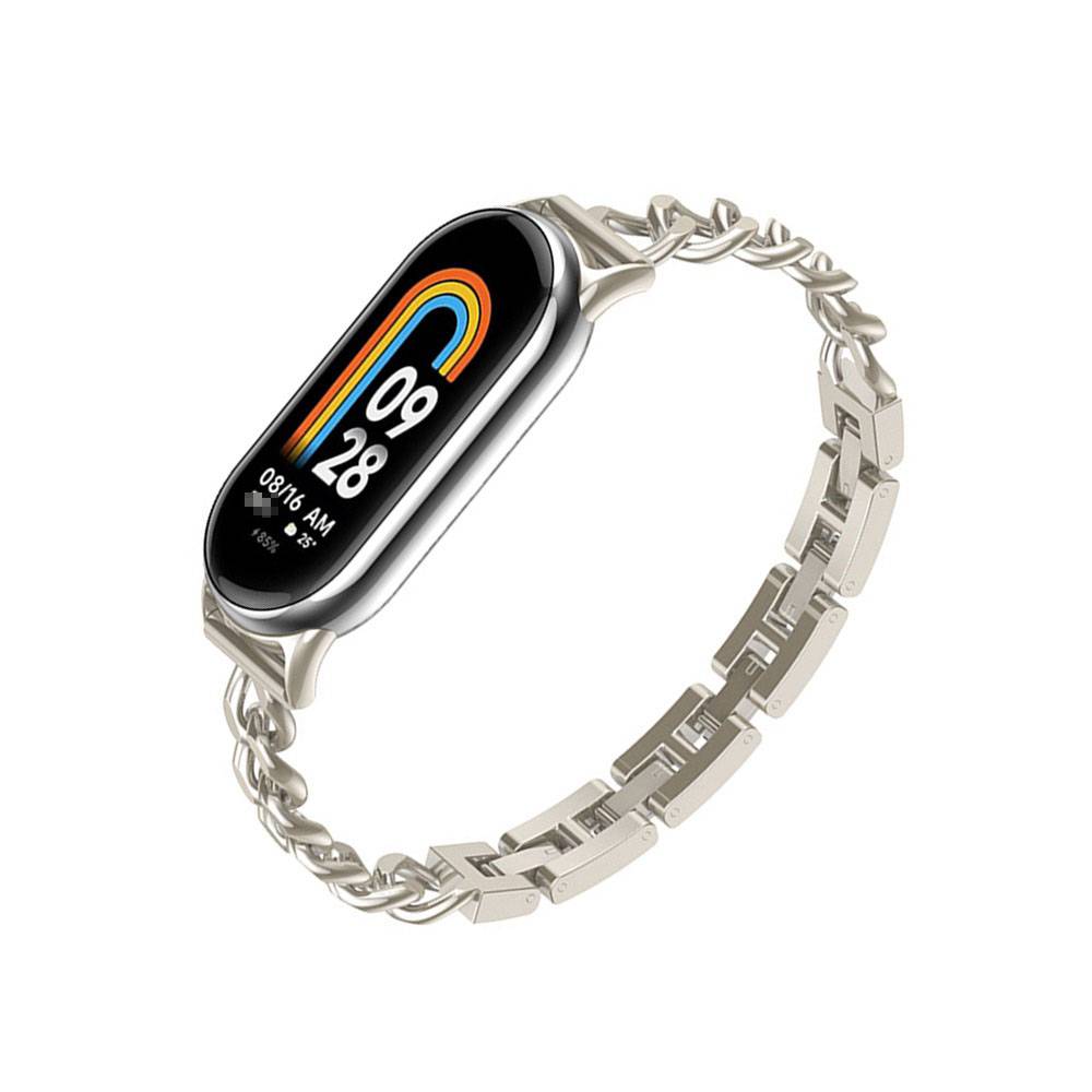 Silberketten-Armband mit einem ovalen digitalen Uhrendisplay, das 09:26 und „08/16 AM" auf einem schwarzen Bildschirm anzeigt.