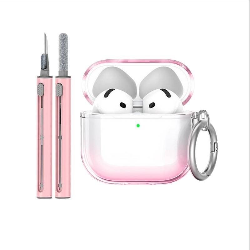 Rosafarbenes Grooming-Set mit zwei schlanken elektrischen Trimmern neben einem durchsichtigen rosa AirPods-ähnlichen Etui, das weiße kabellose Ohrhörer und einen Schlüsselanhänger enthält.
