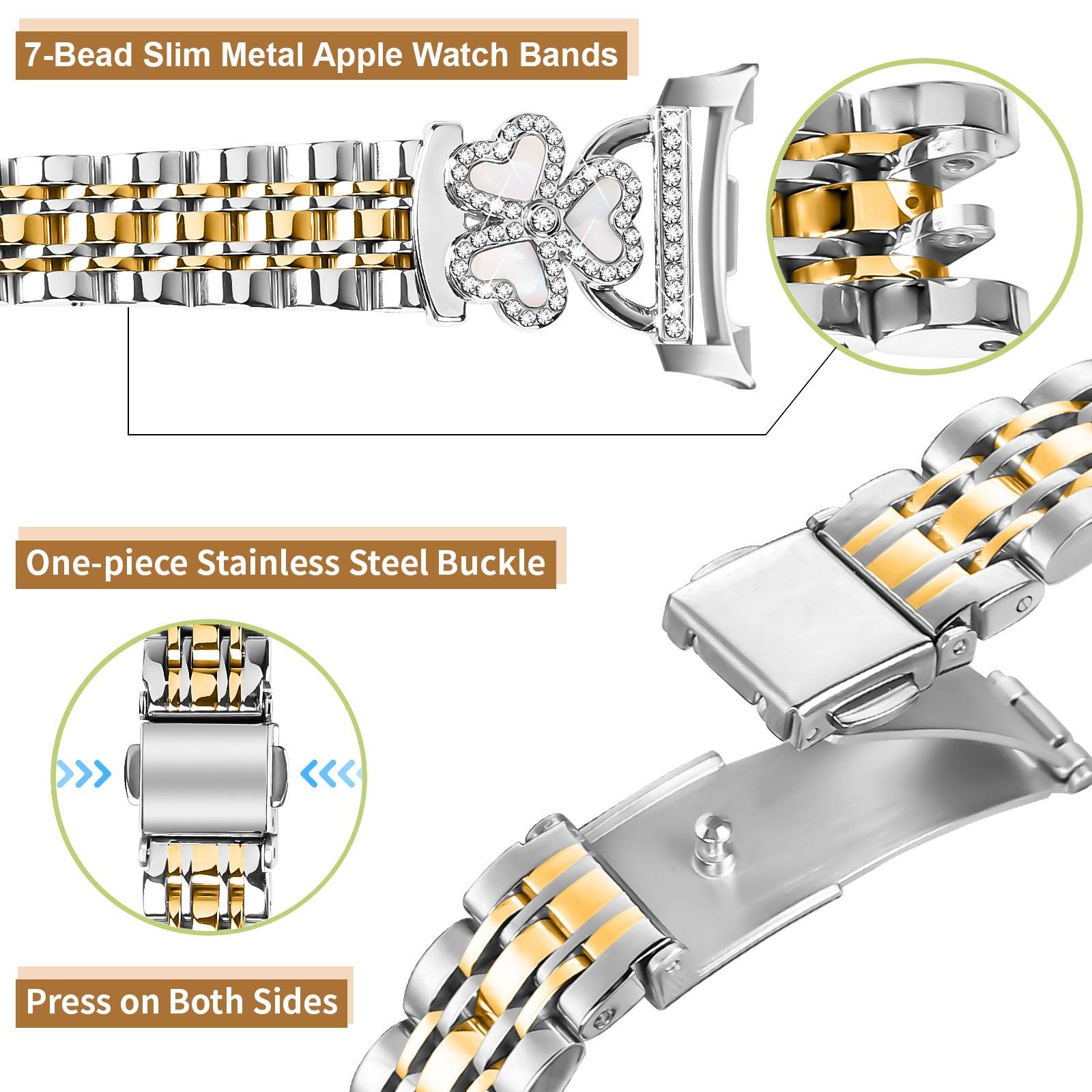 Herz-Klee Sieben-Perlen Edelstahl Uhrenarmband kompatibel mit Samsung Watch 8/8 Classic