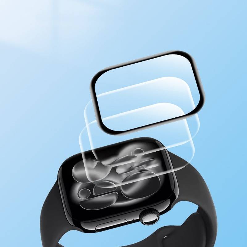 Exploded-Ansicht-Illustration einer schwarzen Smartwatch mit separierten Bildschirmschichten über dem Zifferblatt.
