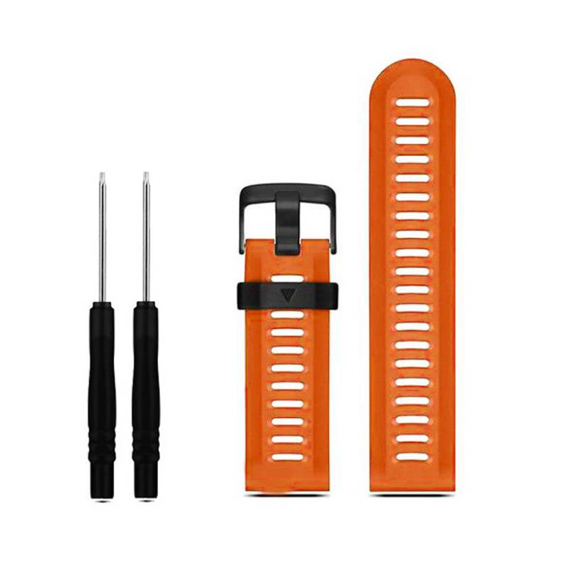 Orangenes Ersatz-Uhrenarmband mit schwarzer Schnalle und zwei kleinen Schraubendrehern zur Installation oder Anpassung.
