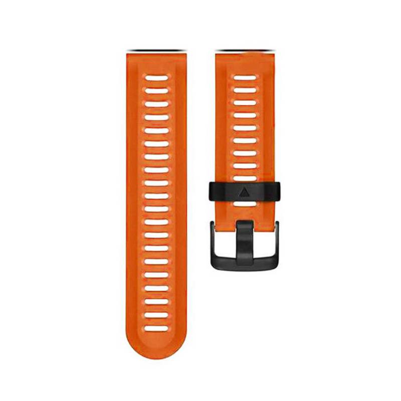 Orangefarbenes Uhrenarmband mit Belüftungsschlitzen, von vorne und hinten gezeigt, mit schwarzer Schließe und Befestigungslasche.