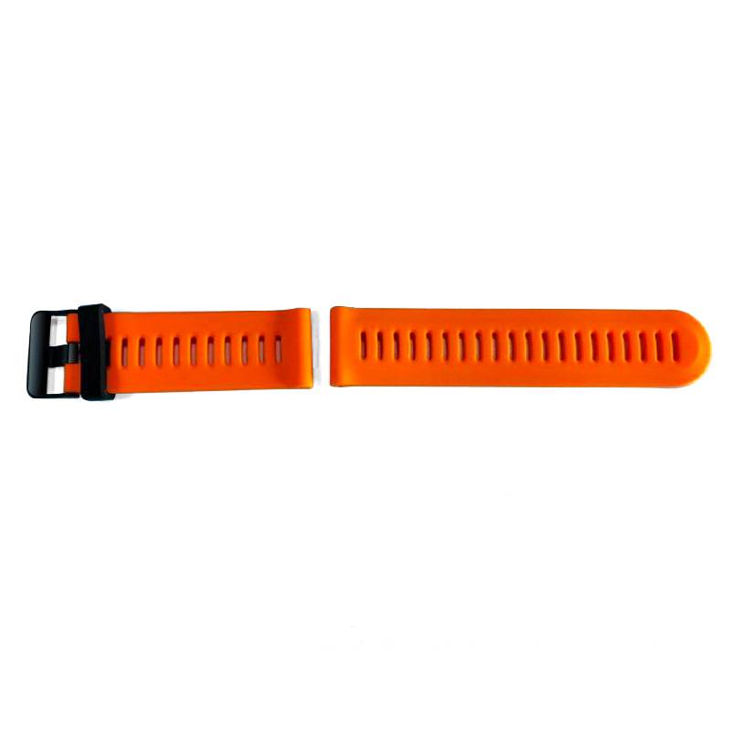 Oranges Gummi-Uhrenarmband mit schwarzer Schnalle, auf weißem Hintergrund in zwei Teile getrennt dargestellt.