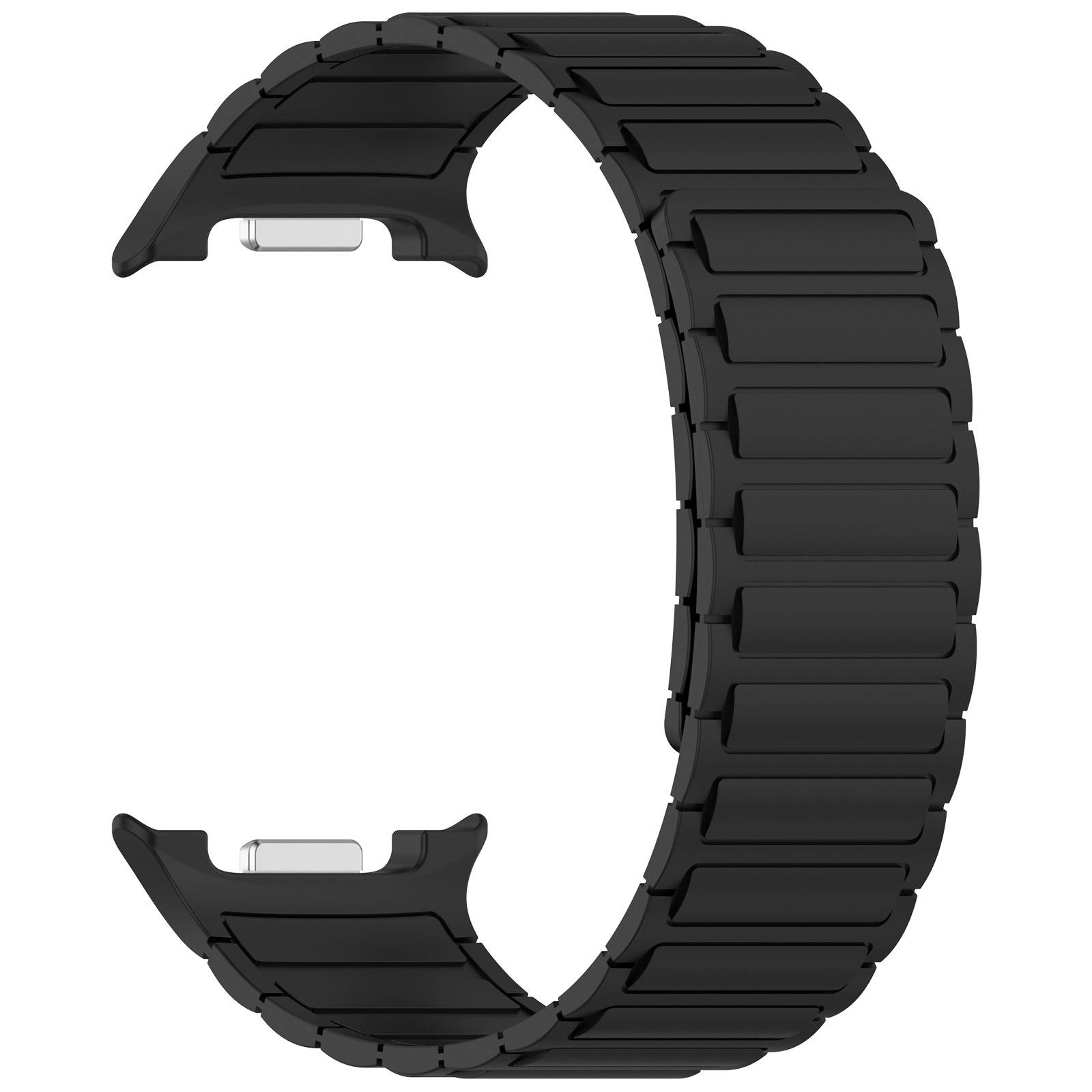 Schwarzes geripptes Ersatz-Uhrenarmband mit Metallverbindern, gezeigt auf weißem Hintergrund.