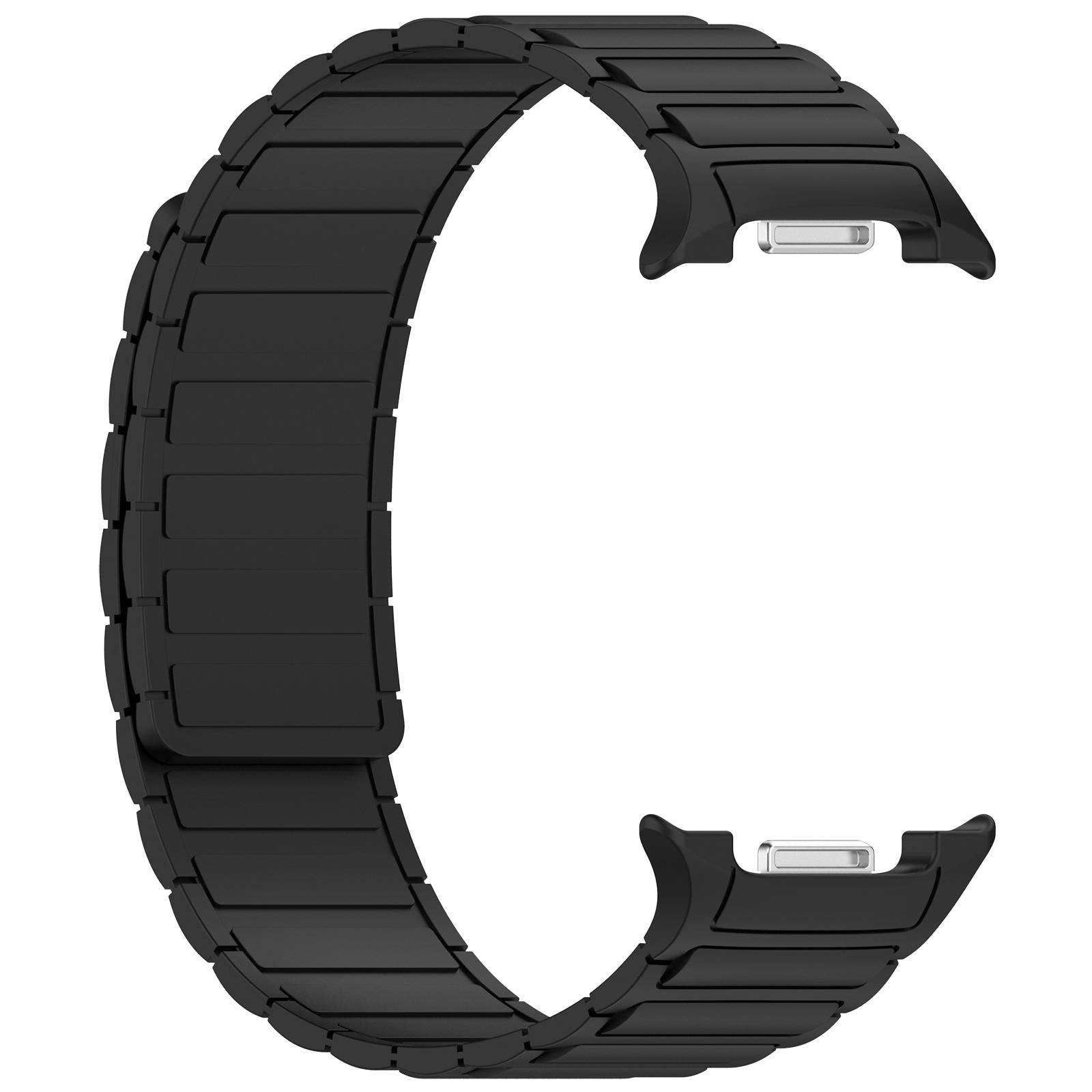 Schwarzes Metallwatch-Armband mit gebogenen Gliedern und Verschlusssteckern, isoliert auf weißem Hintergrund dargestellt.