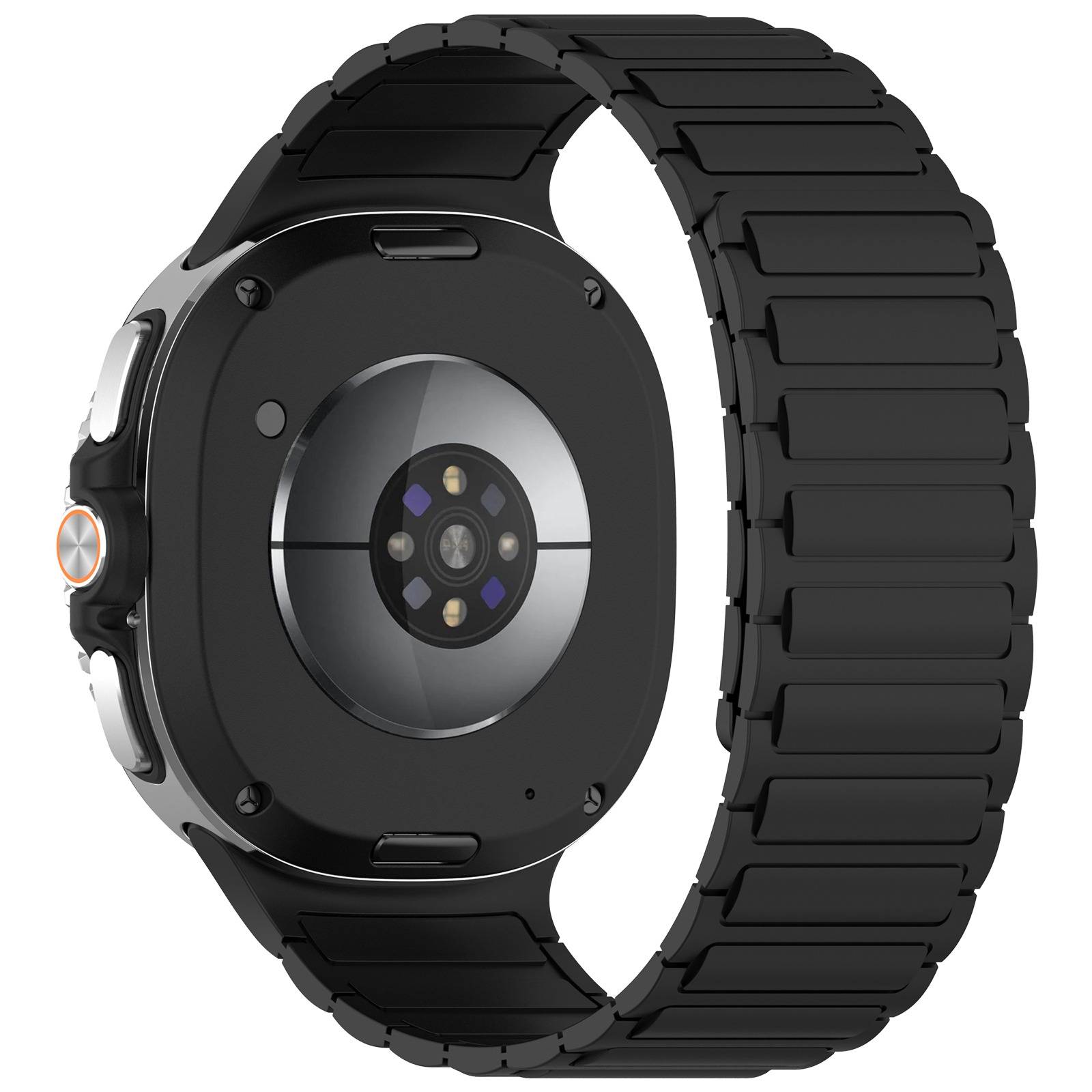 Rückansicht einer schwarzen Smartwatch mit schwarzem segmentiertem Armband, die den kreisförmigen Herzfrequenzsensor auf der Unterseite zeigt.