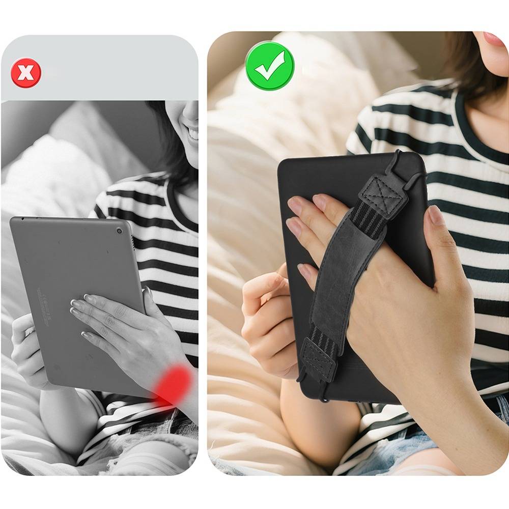Split-Screen zeigt falsches und korrektes Halten eines Tablets: links, eine Frau im Graustufen-Stil hält ein Tablet mit einem roten X; rechts, eine Frau benutzt einen Riemen, um es sicher zu halten, mit einem grünen Häkchen.