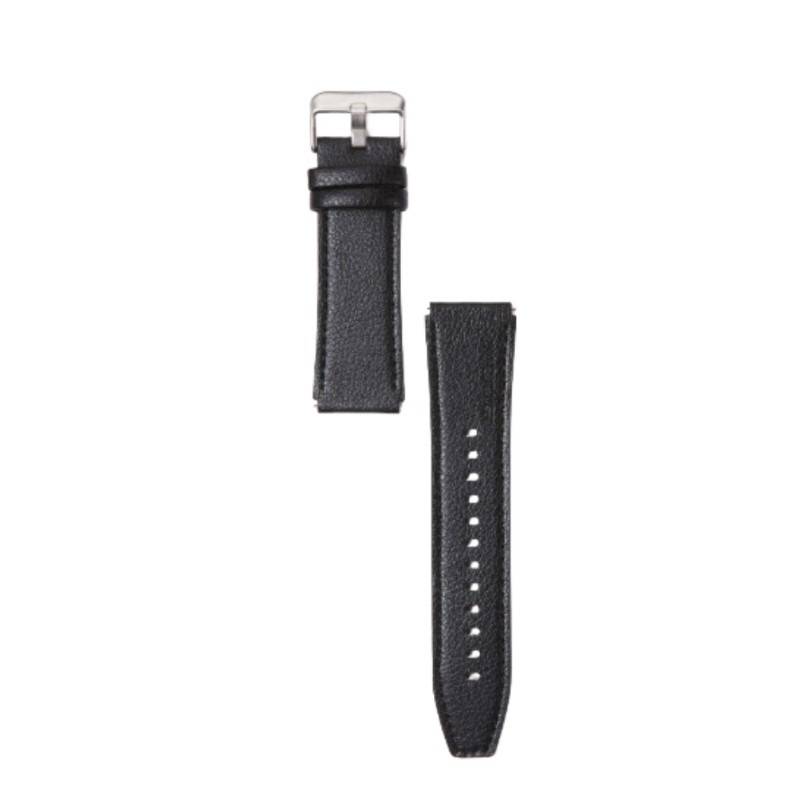 Zwei schwarze Lederuhrarmband-Teile auf weißem Hintergrund: eines mit einer silbernen Schnalle, eines mit Löchern für die Verstellung.