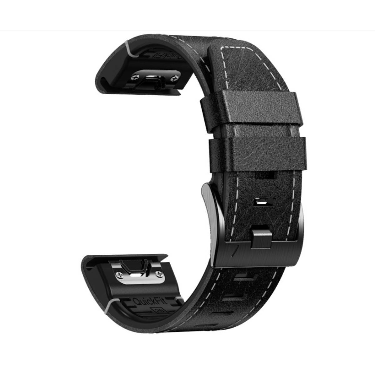 Schwarzes verstellbares Uhrenarmband mit Schnallenverschluss und genähtem Riemen auf weißem Hintergrund.