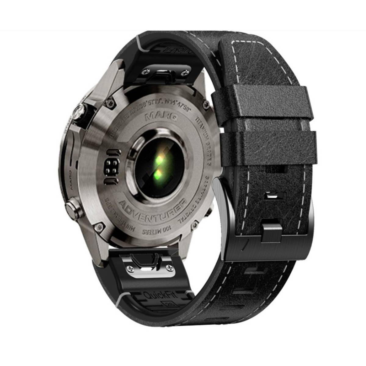 Rückansicht einer robusten schwarzen Smartwatch mit großem rundem Sensormodul und strukturiertem Armband auf weißem Hintergrund.