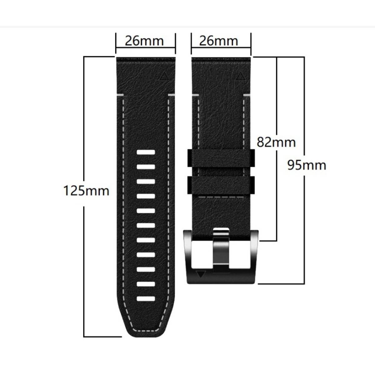 Diagramm eines schwarzen Uhrenarmsbands mit Abmessungen: 26 mm breit, 125 mm lang, mit Abschnitten von 82 mm und 95 mm in der Nähe der Schließe.