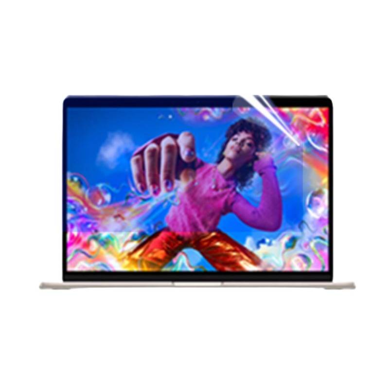 Ein Laptop zeigt eine farbenfrohe Actionszene mit einer Person in einem rosa Top, die sich vor einem leuchtend blauen, neonartigen Hintergrund nach vorne streckt.