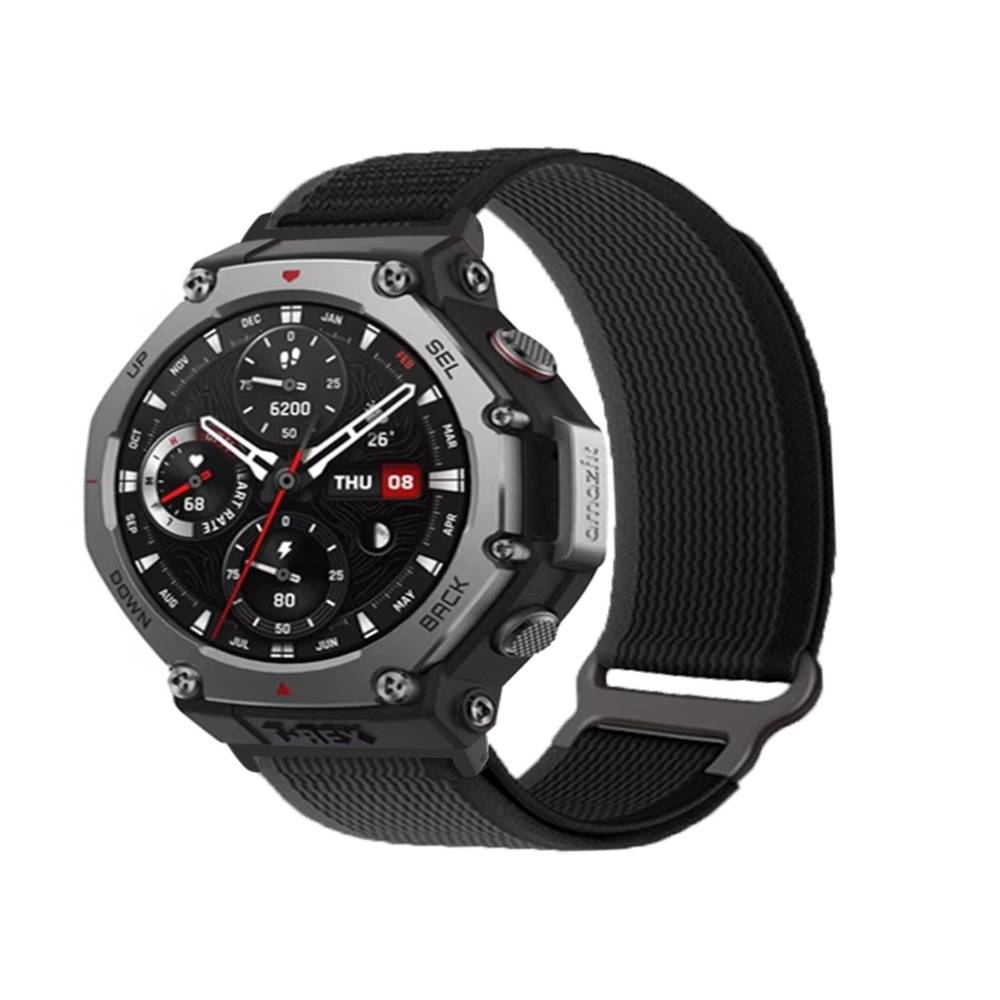 Schwarze digitale analoge Smartwatch mit rundem Zifferblatt, schwarzem Armband und mehreren Anzeigen für Uhrzeit, Datum und Herzfrequenz.