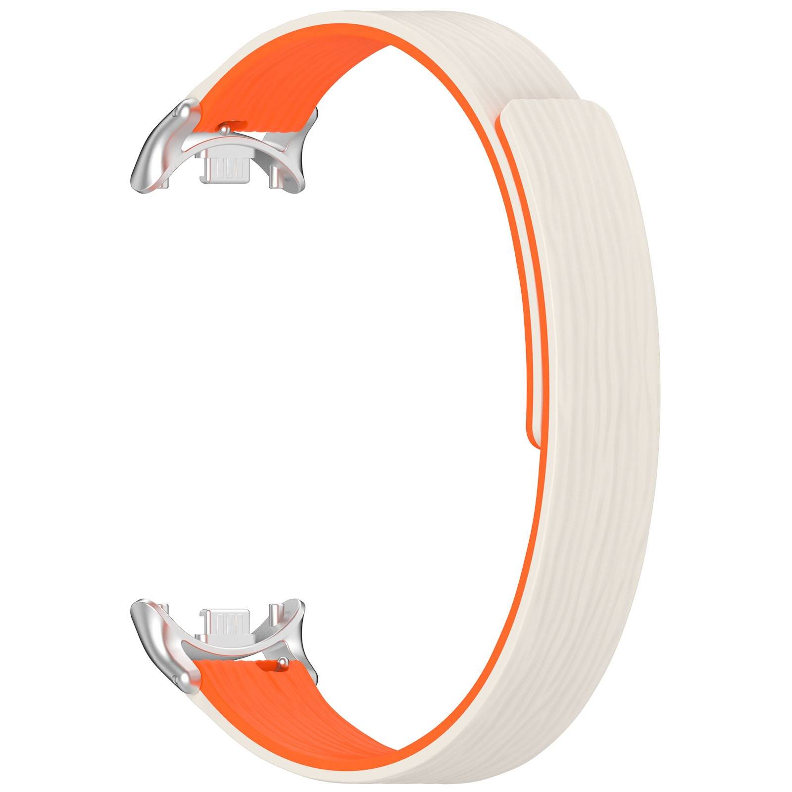 Ein weiß-orangefarbenes Fitness-Tracker-Armband mit gebogenem Band und silberner Schließe, dargestellt auf einem einfachen Hintergrund.