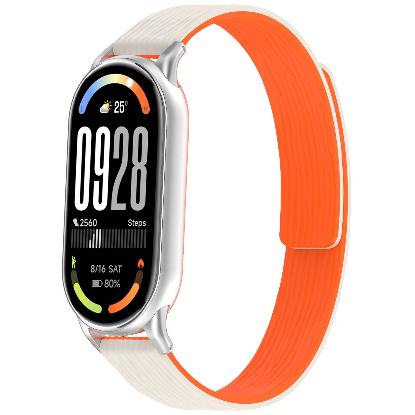 Smartwatch mit schwarzem Display zeigt 09:28, 25°, 2.560 Schritte, 8/16 SA an, und 80% Akkuladung auf einem weiß-orangen Armband.
