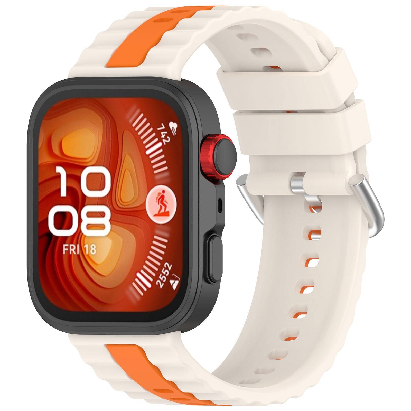 Schwarze quadratische Smartwatch mit orange-weißem Zifferblatt, das 10:08 und FR 18 anzeigt, kombiniert mit einem weißen Armband mit orangefarbenen Akzenten.