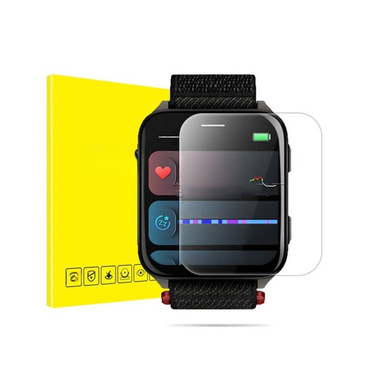 Schwarze Smartwatch mit schwarzem Armband und Schutzfolien für den Bildschirm, gezeigt vor einer gelben Produktbox.